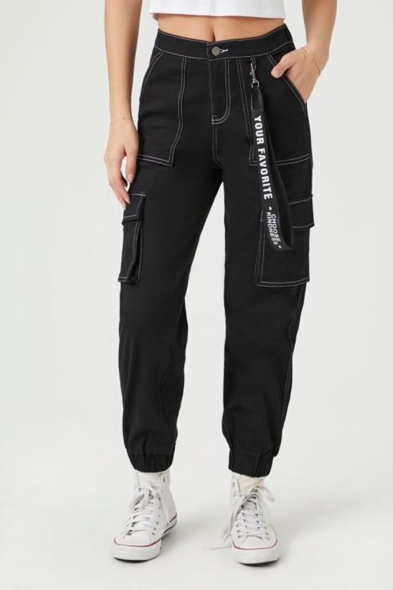 Pantalon Forever 21 Twill High Rise Lanyard Joggers Mujer Negras | 2mZAlyHUyka