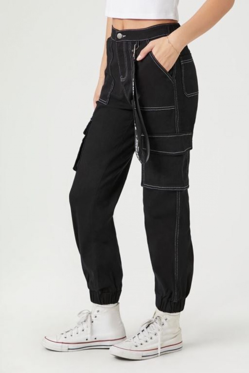 Pantalon Forever 21 Twill High Rise Lanyard Joggers Mujer Negras | 2mZAlyHUyka