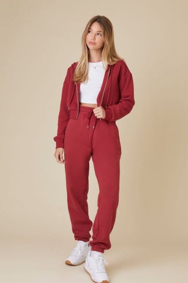 Pantalon Forever 21 Uniform Fleece Drawstring Joggers Mujer Burdeos | V9WArTvIAGi