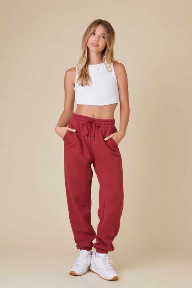 Pantalon Forever 21 Uniform Fleece Drawstring Joggers Mujer Burdeos | V9WArTvIAGi