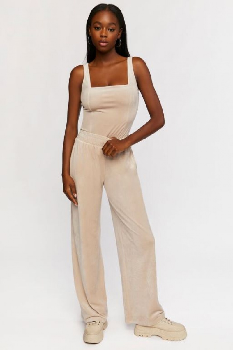 Pantalon Forever 21 Velour Wide Leg Mujer Gris | 431AWKSSbSm