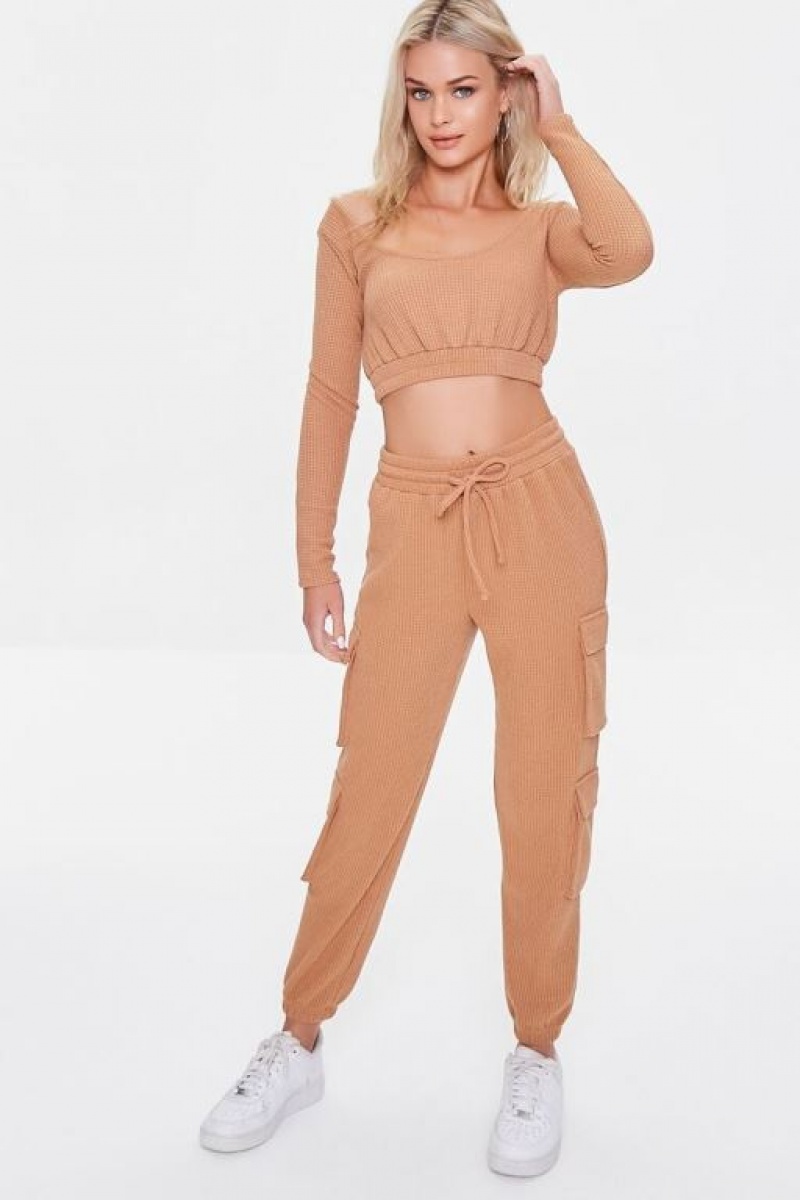 Pantalon Forever 21 Waffle Knit Cargo Joggers Mujer Marrones | TefbZLcVU1O