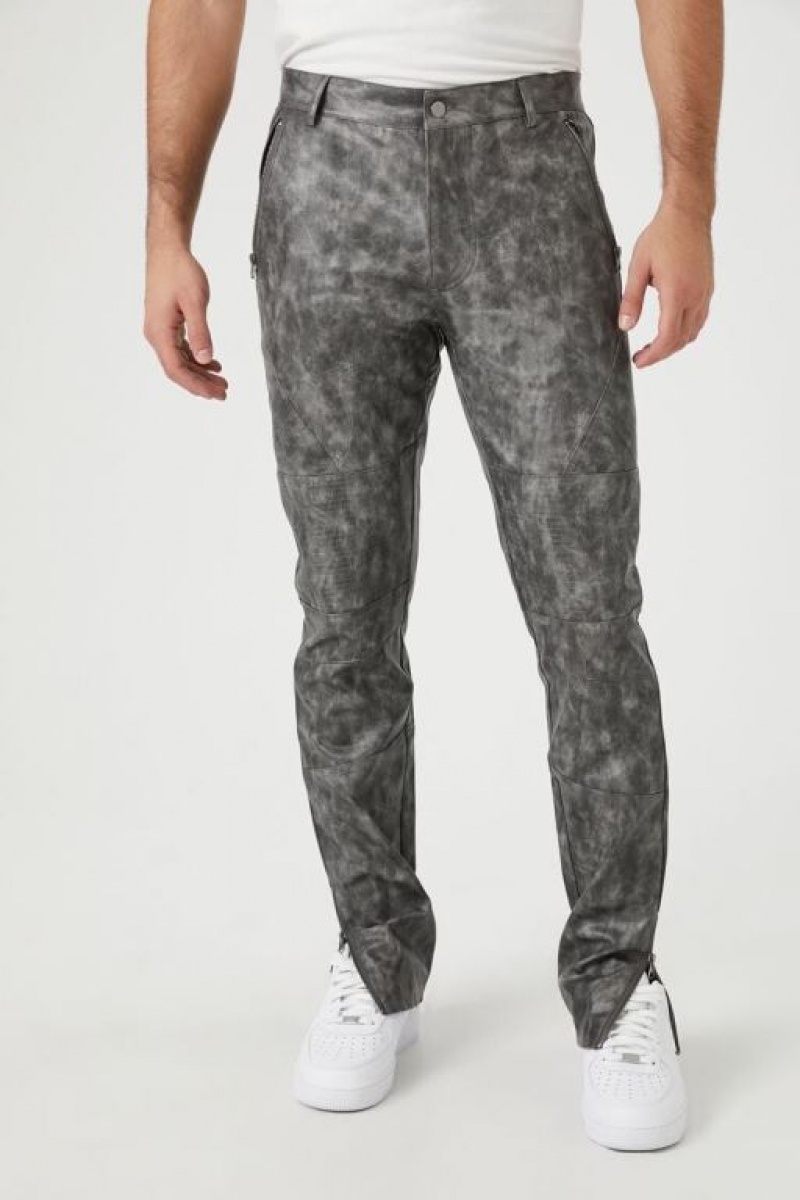 Pantalon Forever 21 Weathered Faux Cuero Slim Fit Hombre Gris | a6ZJATEmhmY