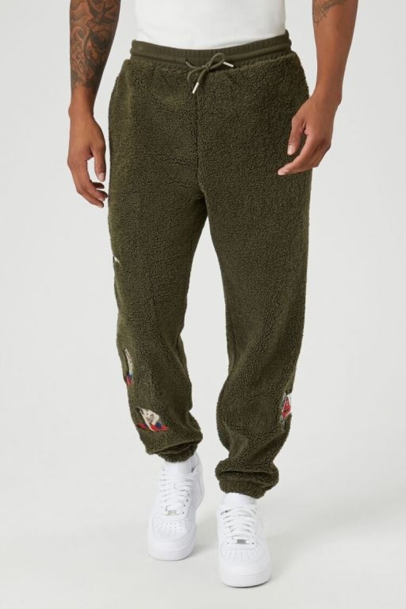 Pantalon Forever 21 Yeti Faux Shearling Joggers Hombre Verde Oliva Multicolor | fmc3tdB8xuo