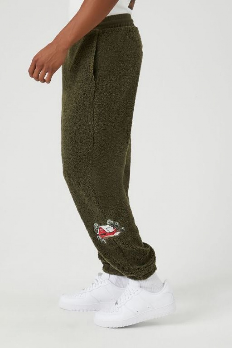 Pantalon Forever 21 Yeti Faux Shearling Joggers Hombre Verde Oliva Multicolor | fmc3tdB8xuo