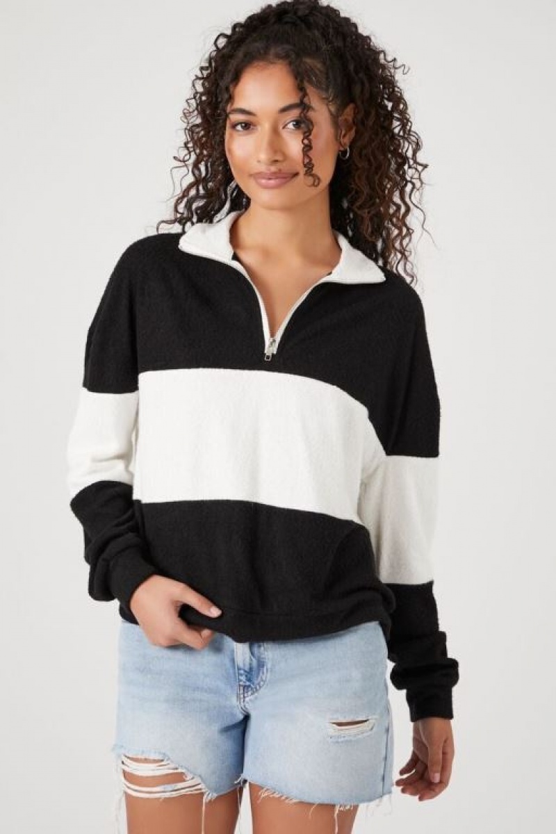 Pullover Forever 21 A Rayas Half Zip Mujer Negras Blancas | d80MQadPBko