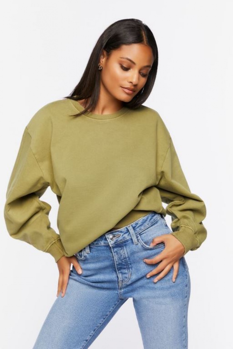 Pullover Forever 21 Acanalado Trim Crew Neck Mujer Verde Oliva | Nq3HlfZbRNl