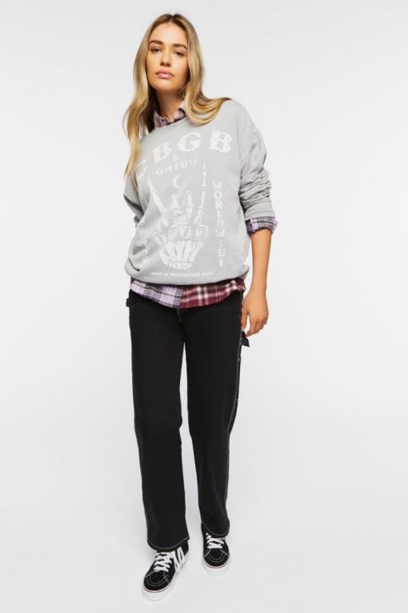 Pullover Forever 21 Cbgb Estampadas Fleece Mujer Gris Blancas | swSwquwnKt4