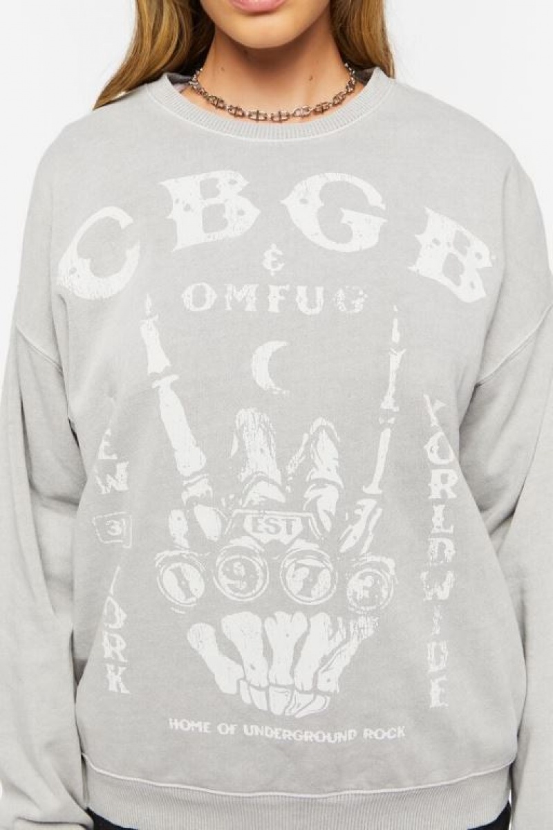 Pullover Forever 21 Cbgb Estampadas Fleece Mujer Gris Blancas | swSwquwnKt4