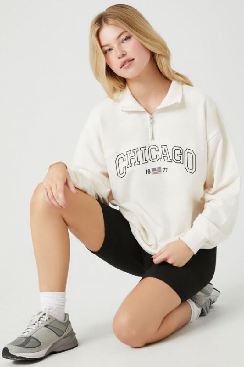 Pullover Forever 21 Chicago Half Zip Mujer Creme Multicolor | J7MZYOmi5dg