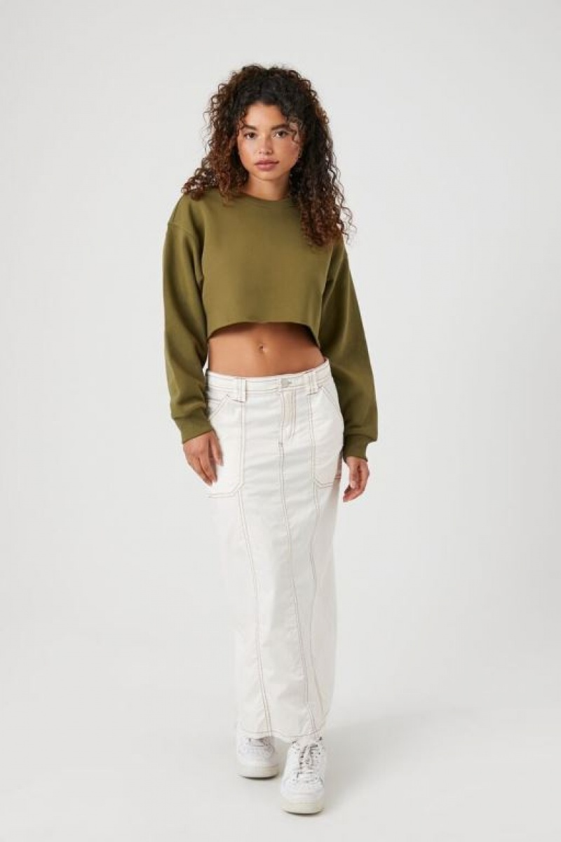 Pullover Forever 21 Cropped Fleece Mujer Verde Oliva | LJu2j6MsG0J