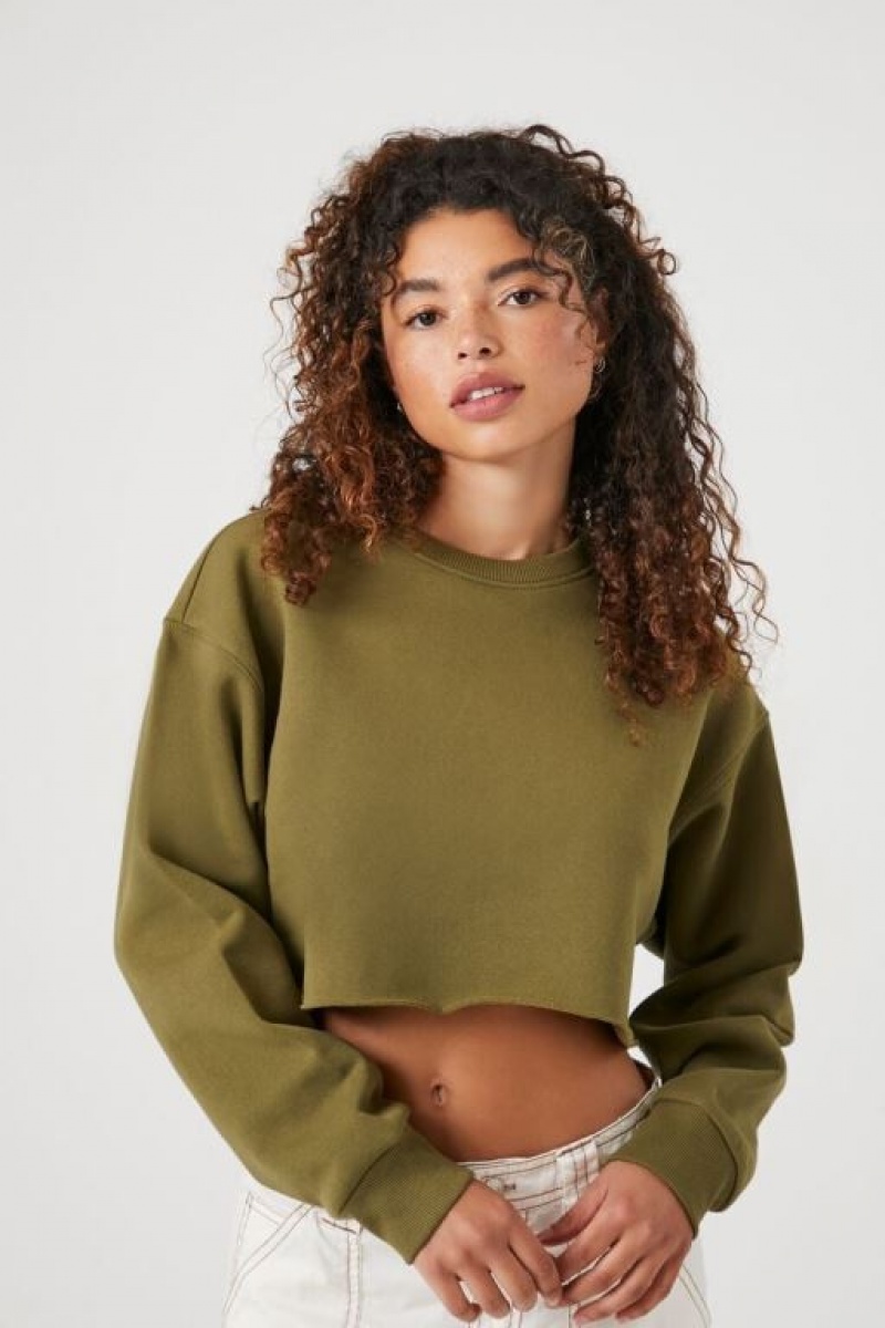 Pullover Forever 21 Cropped Fleece Mujer Verde Oliva | LJu2j6MsG0J