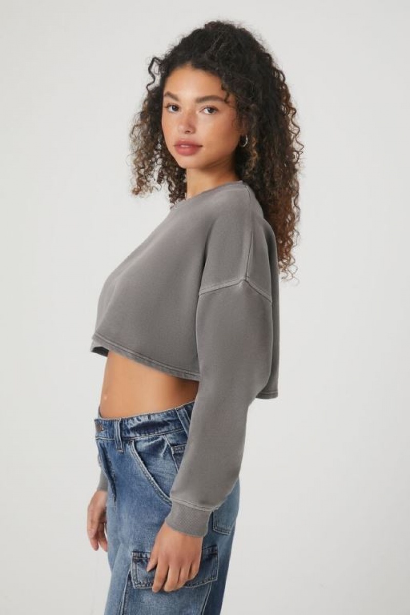 Pullover Forever 21 Cropped French Terry Mujer Gris | BMOna4tH8w3