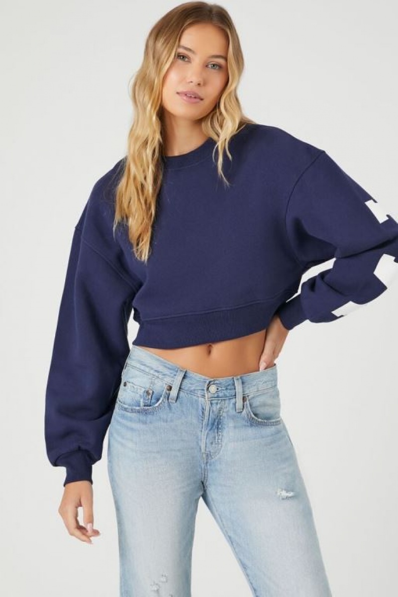 Pullover Forever 21 Cropped Milano Italy Mujer Azul Marino Blancas | s2UuZRdCEHW