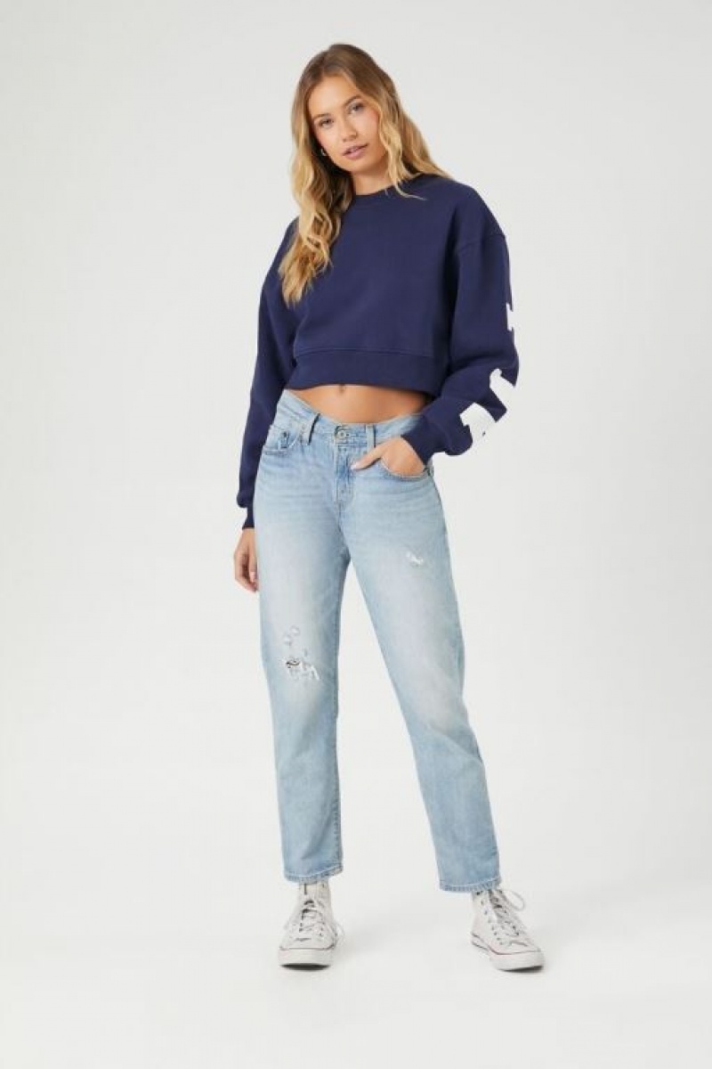 Pullover Forever 21 Cropped Milano Italy Mujer Azul Marino Blancas | s2UuZRdCEHW