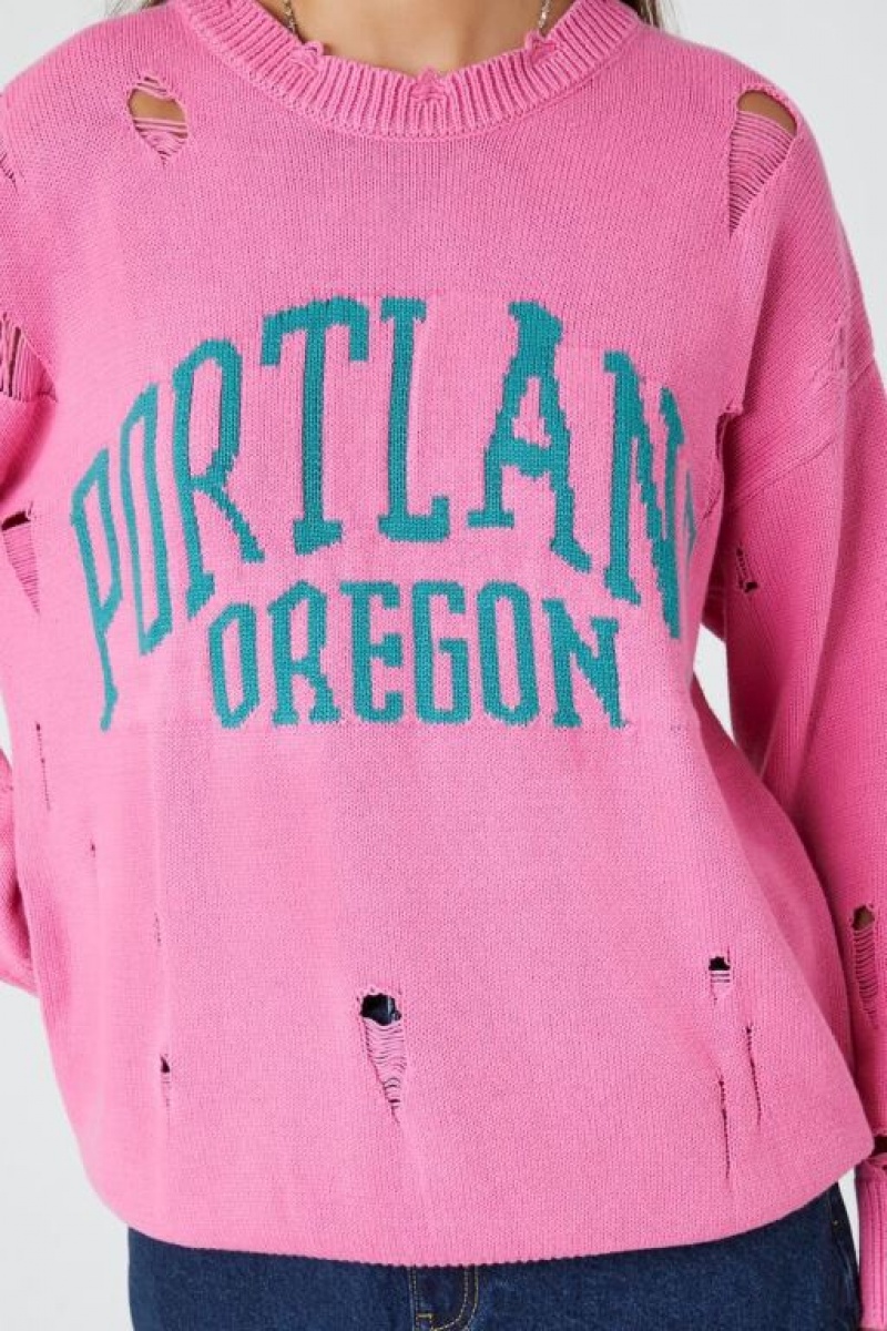 Pullover Forever 21 Distressed Portland Oregon Estampadas Mujer Rosas Verde | jnxL6hPkpGX