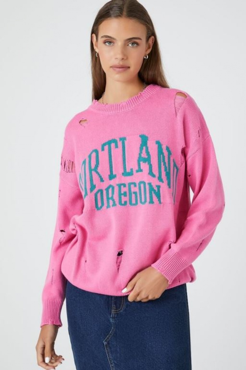 Pullover Forever 21 Distressed Portland Oregon Estampadas Mujer Rosas Verde | jnxL6hPkpGX