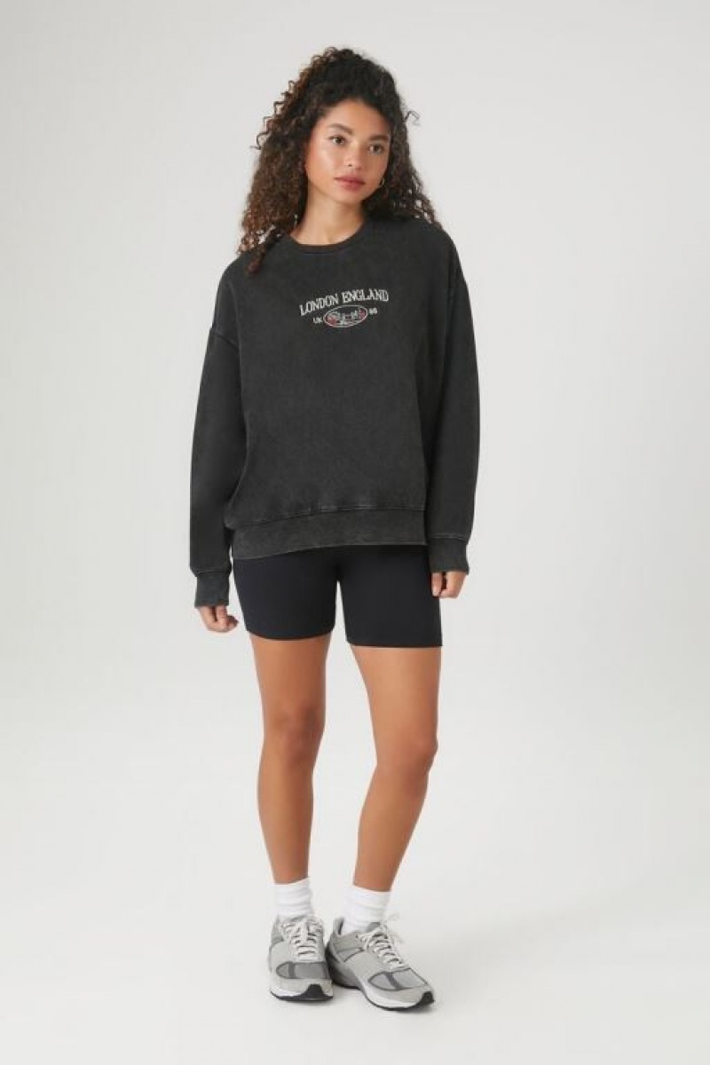 Pullover Forever 21 Embroidered London England Mujer Gris Multicolor | eYPVs4A8yo3