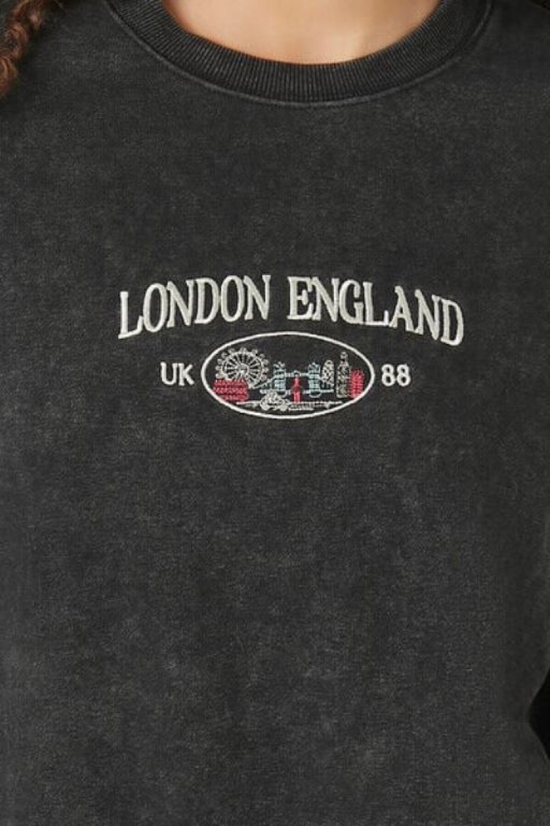 Pullover Forever 21 Embroidered London England Mujer Gris Multicolor | eYPVs4A8yo3