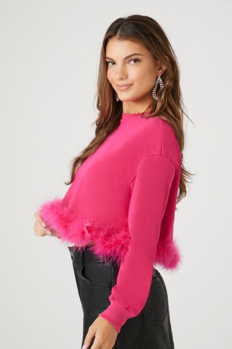 Pullover Forever 21 Faux Feather Trim Mujer Rosas | lRCZTMFIYCD