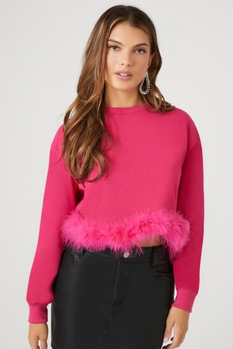 Pullover Forever 21 Faux Feather Trim Mujer Rosas | lRCZTMFIYCD