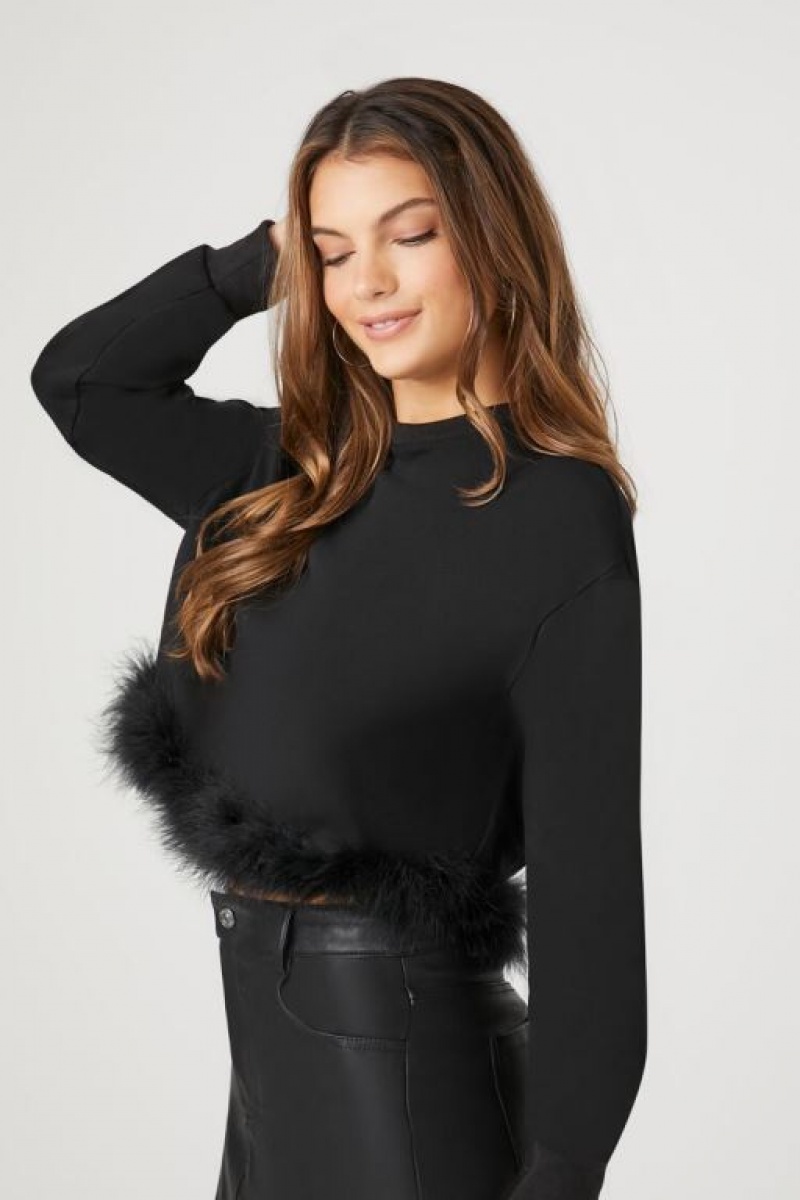 Pullover Forever 21 Faux Feather Trim Mujer Negras | SSmDr611bdN