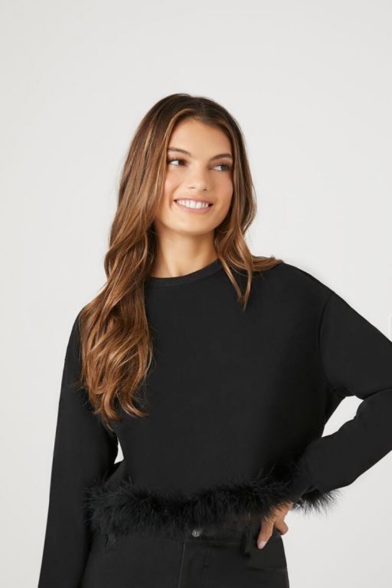 Pullover Forever 21 Faux Feather Trim Mujer Negras | SSmDr611bdN