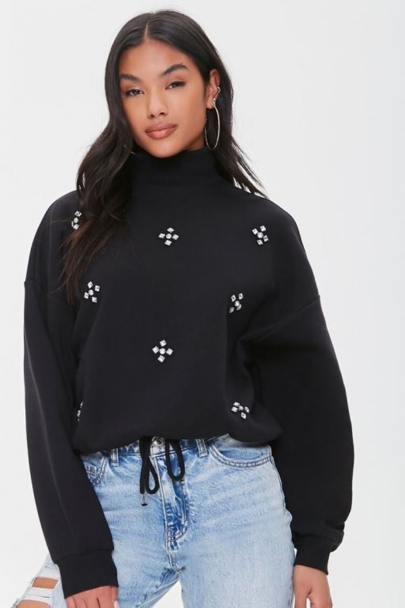 Pullover Forever 21 Faux Gem Mock Neck Mujer Negras | N6Jqv5kydze