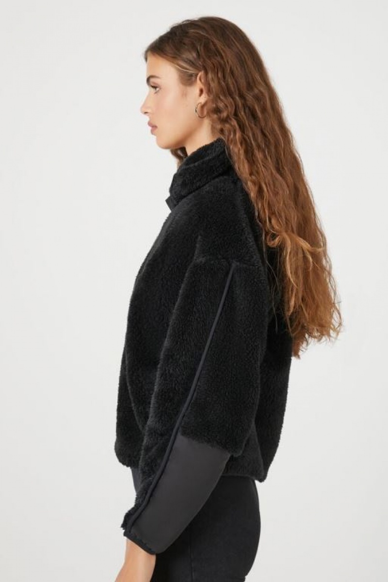 Pullover Forever 21 Faux Shearling Half Zip Mujer Negras | PWnFzgPjGAx