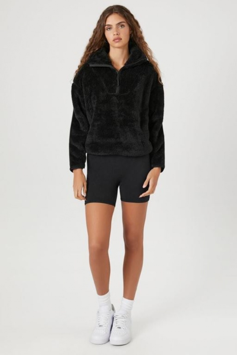 Pullover Forever 21 Faux Shearling Half Zip Mujer Negras | PWnFzgPjGAx