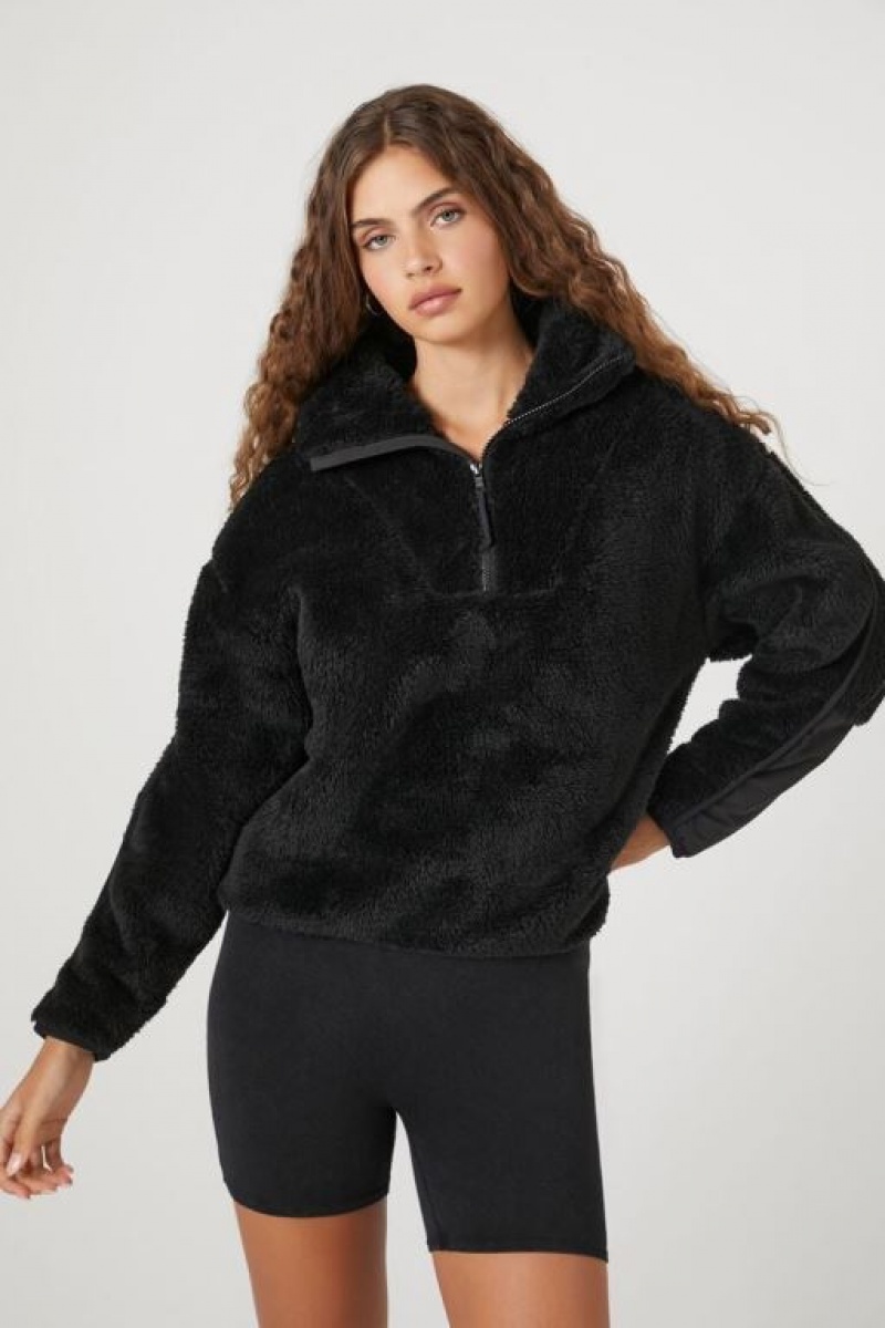 Pullover Forever 21 Faux Shearling Half Zip Mujer Negras | PWnFzgPjGAx