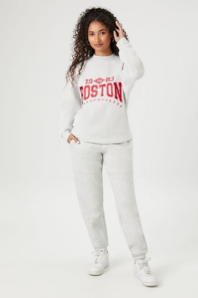 Pullover Forever 21 Fleece Boston Estampadas Mujer Gris Multicolor | YwEeUlvWJtP