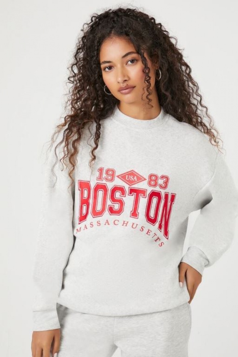 Pullover Forever 21 Fleece Boston Estampadas Mujer Gris Multicolor | YwEeUlvWJtP