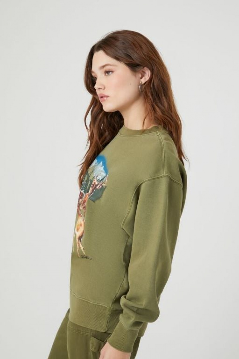 Pullover Forever 21 Fleece Deer Estampadas Mujer Verde Oliva Multicolor | Gzq84Mj5Oan