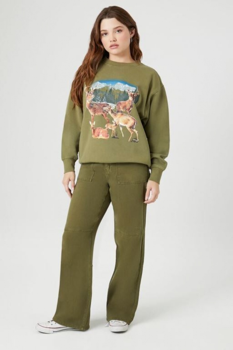 Pullover Forever 21 Fleece Deer Estampadas Mujer Verde Oliva Multicolor | Gzq84Mj5Oan