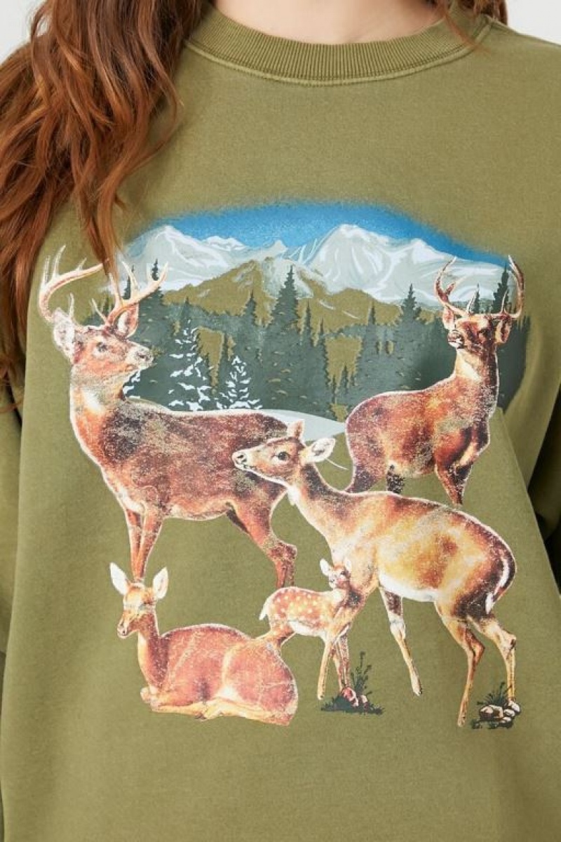 Pullover Forever 21 Fleece Deer Estampadas Mujer Verde Oliva Multicolor | Gzq84Mj5Oan