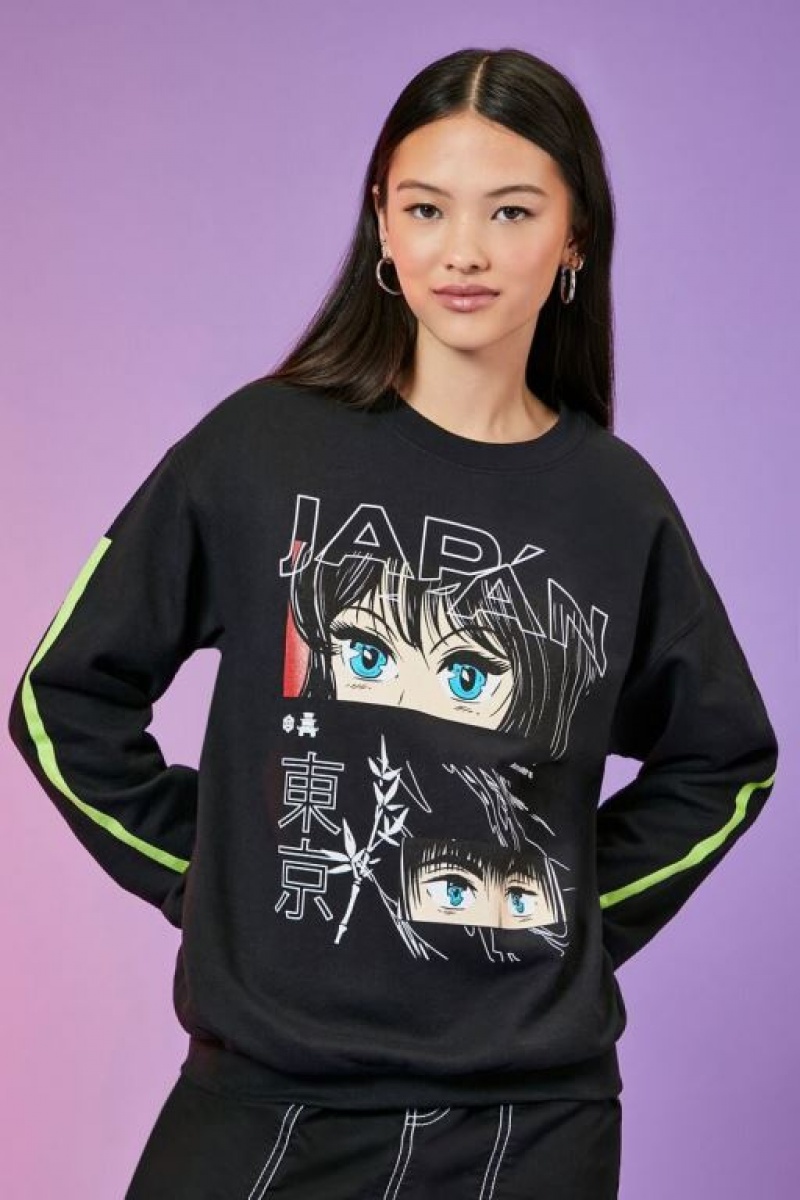 Pullover Forever 21 Fleece Japan Estampadas Mujer Negras Multicolor | aCXmc6wnLA2