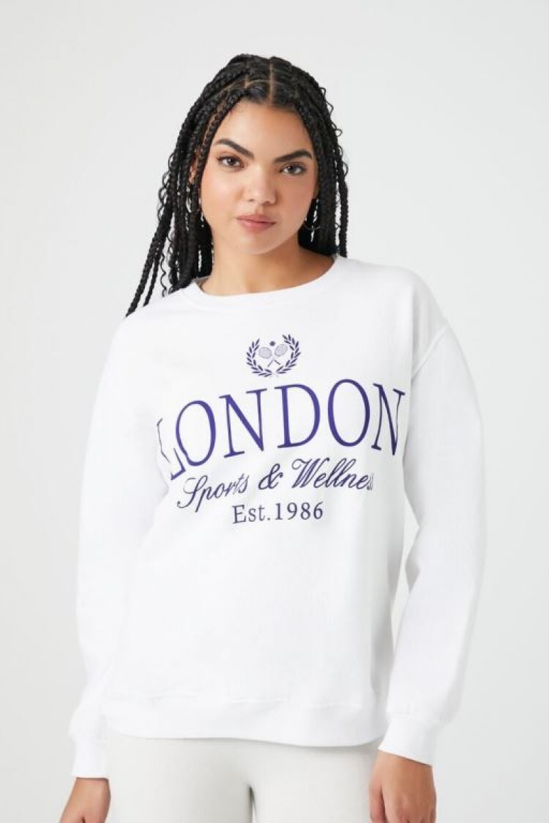 Pullover Forever 21 Fleece London Estampadas Mujer Blancas Multicolor | QCfZzVIfDGj