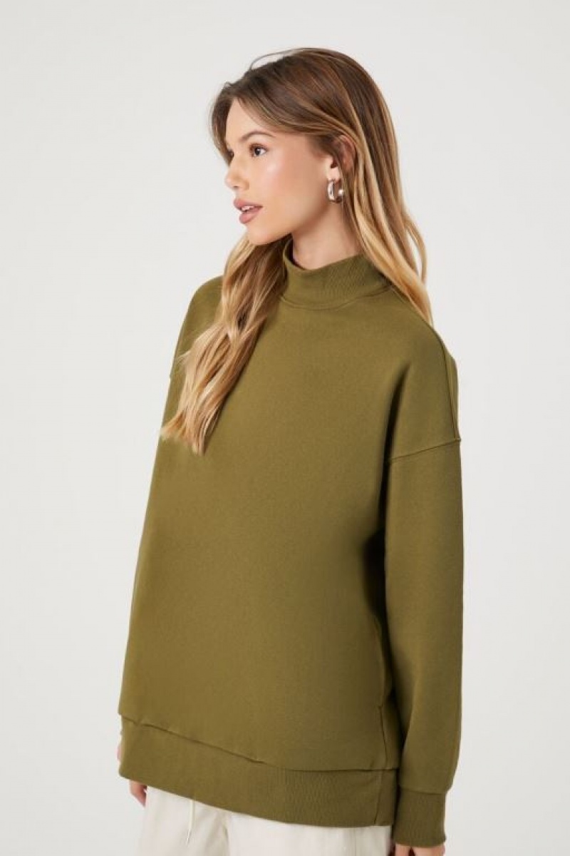 Pullover Forever 21 Fleece Mock Neck Mujer Verde Oliva | SlBlb2z2Rvf