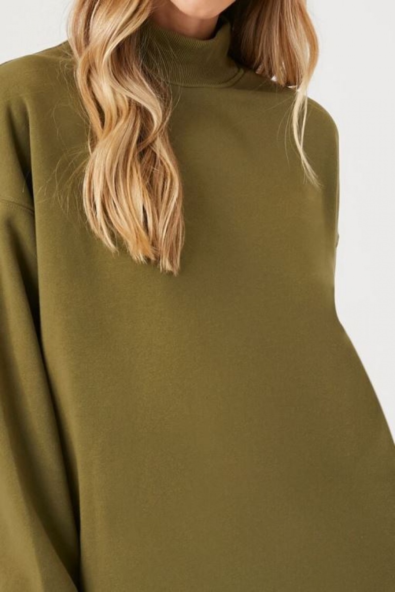 Pullover Forever 21 Fleece Mock Neck Mujer Verde Oliva | SlBlb2z2Rvf