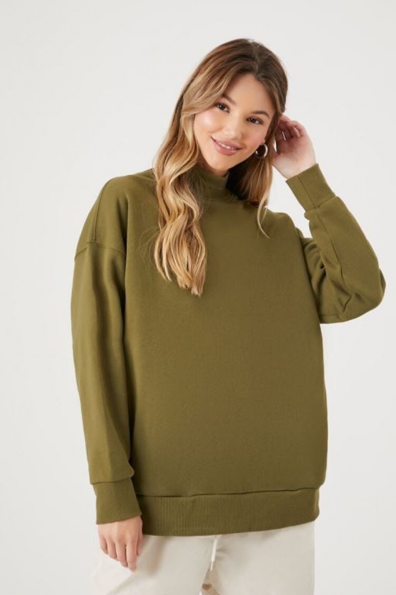 Pullover Forever 21 Fleece Mock Neck Mujer Verde Oliva | SlBlb2z2Rvf