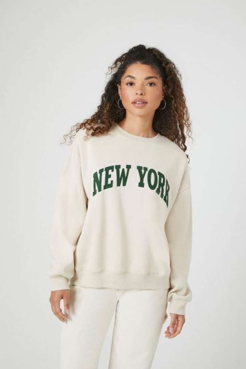 Pullover Forever 21 Fleece New York Mujer Beige Multicolor | MO6wkhN0pBL