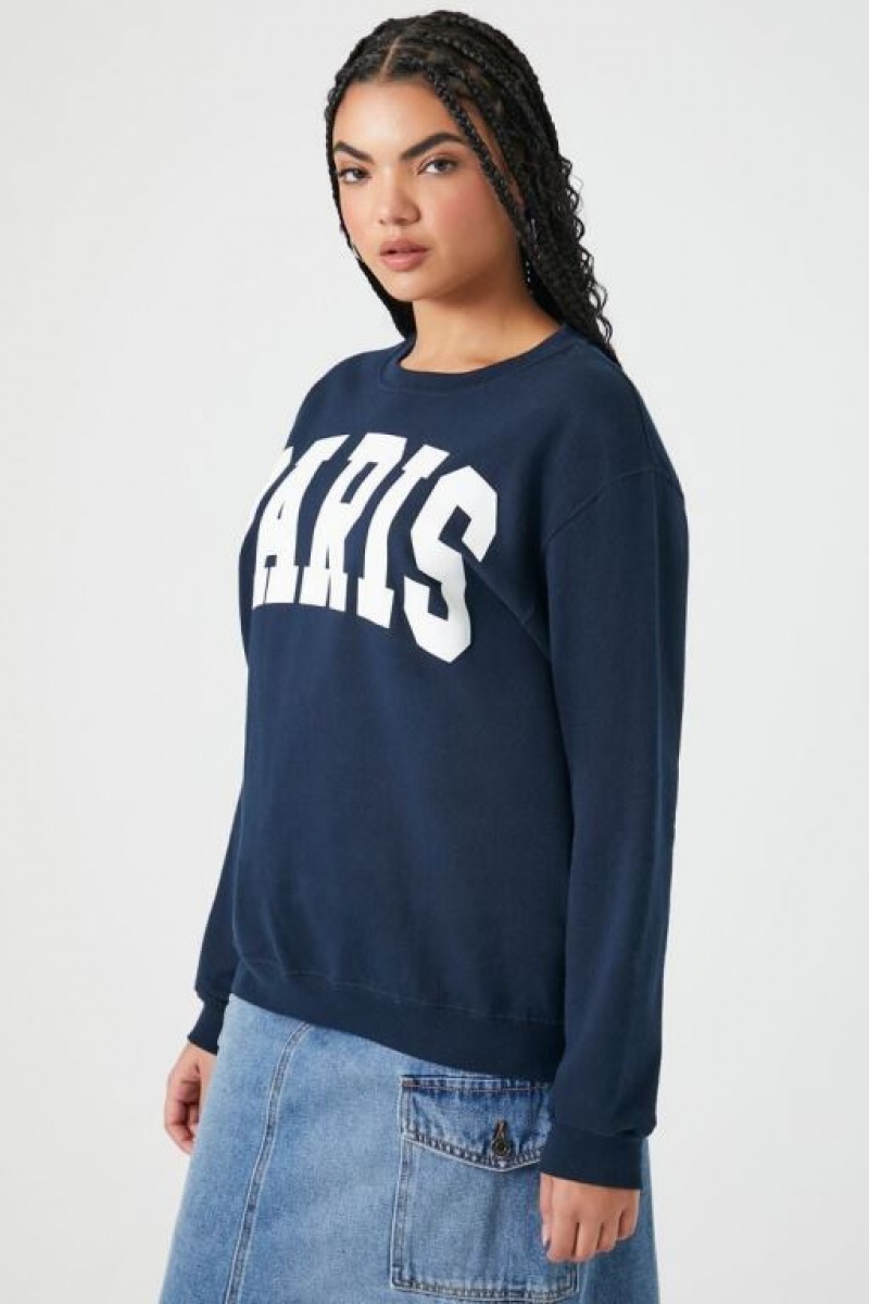 Pullover Forever 21 Fleece Paris Estampadas Mujer Azul Marino | GZ0lj2YzuZ6