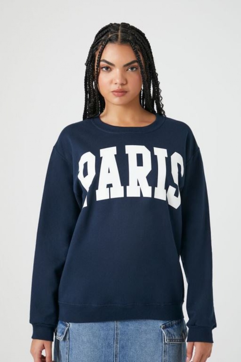 Pullover Forever 21 Fleece Paris Estampadas Mujer Azul Marino | GZ0lj2YzuZ6