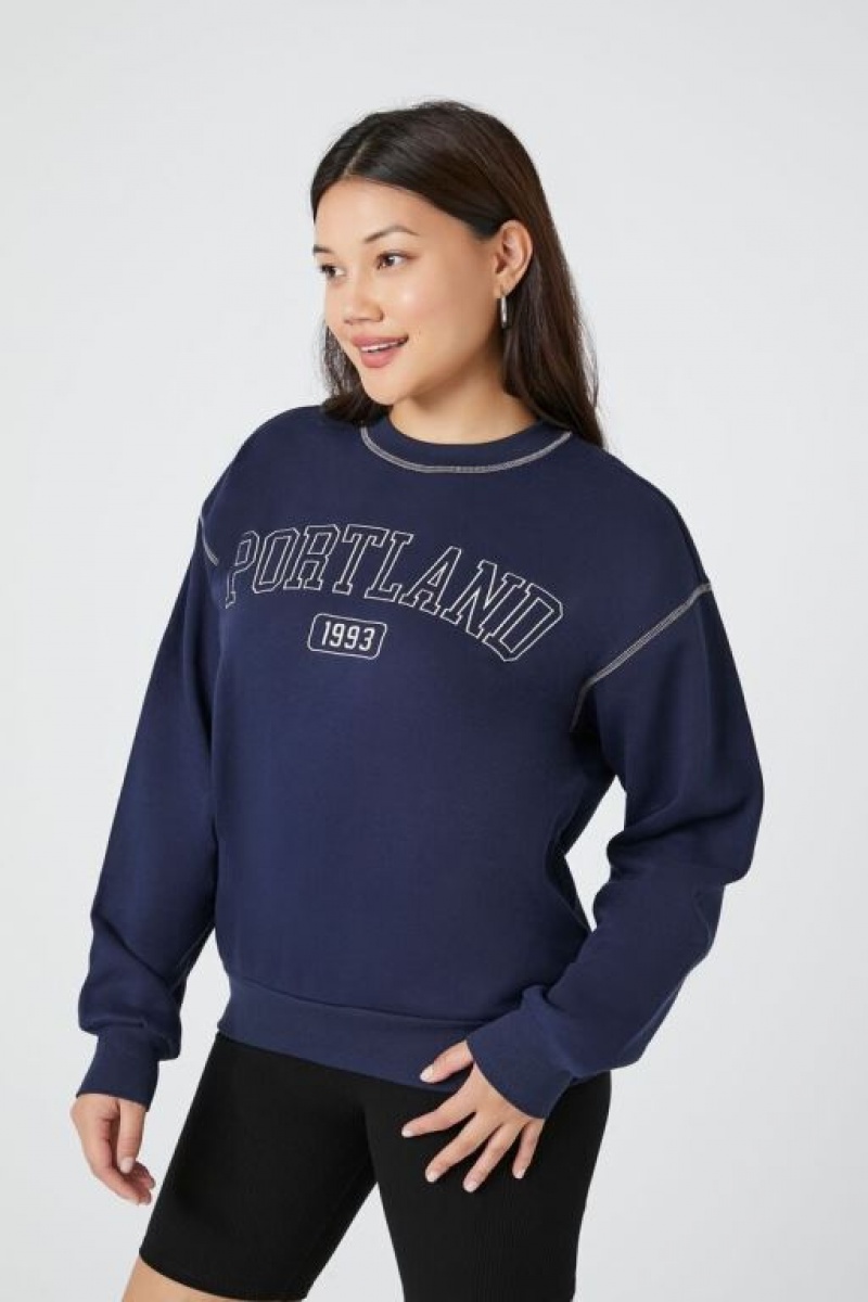 Pullover Forever 21 Fleece Portland Mujer Azules Oscuro Multicolor | Kovnx1QKqp7