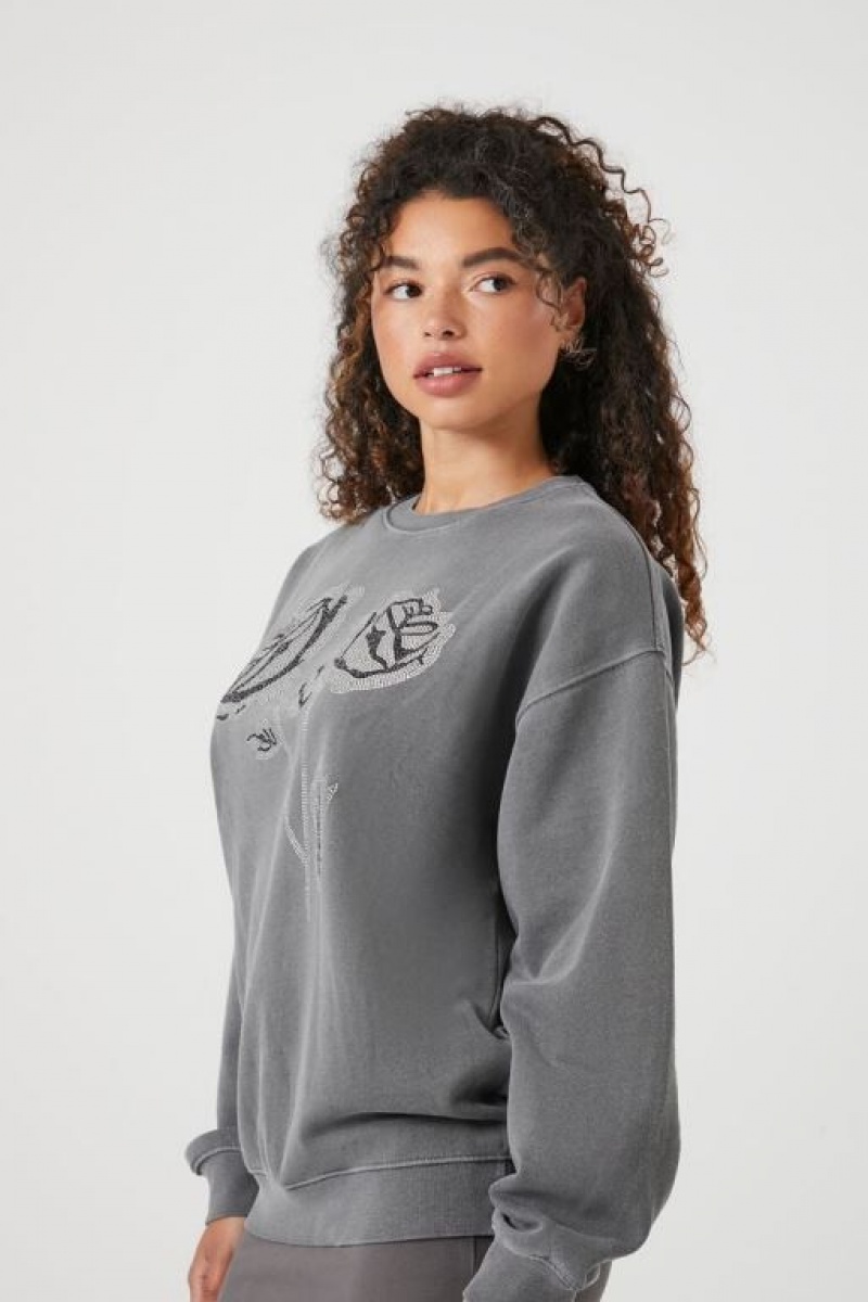 Pullover Forever 21 Fleece Rose Estampadas Mujer Gris Multicolor | SN2BFG72VEg