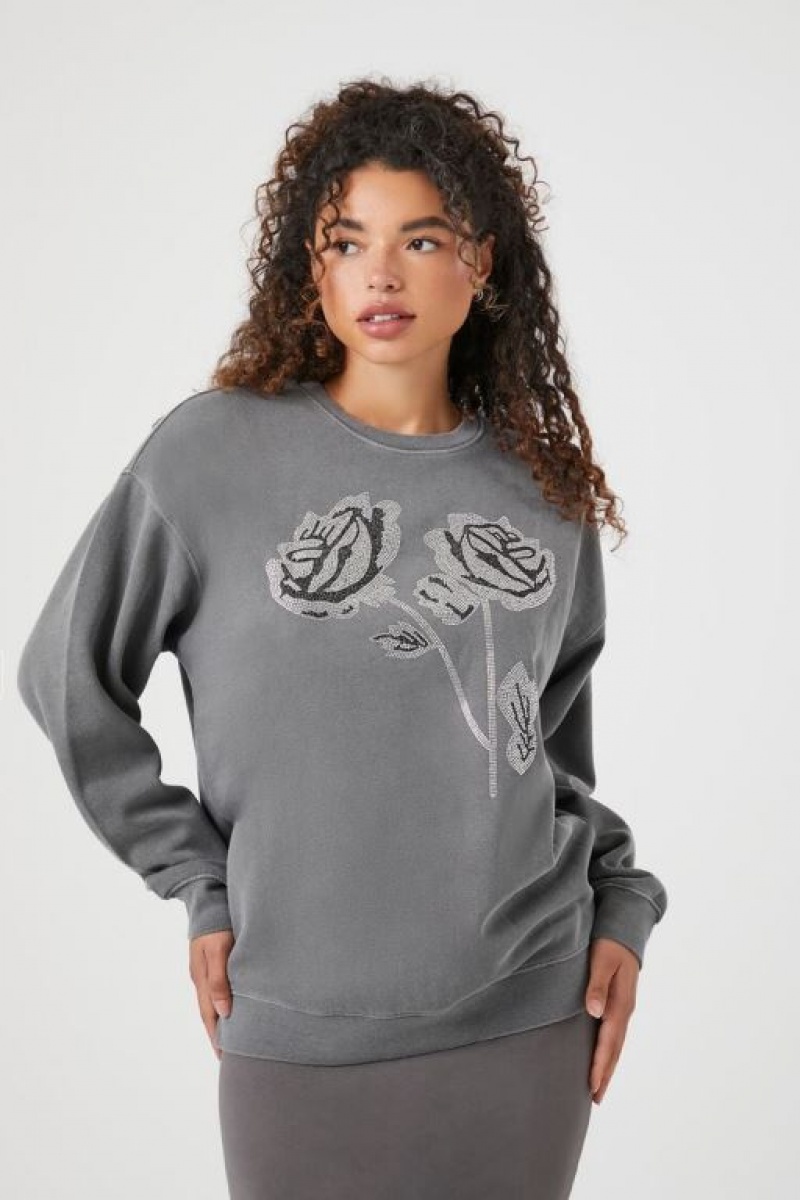 Pullover Forever 21 Fleece Rose Estampadas Mujer Gris Multicolor | SN2BFG72VEg