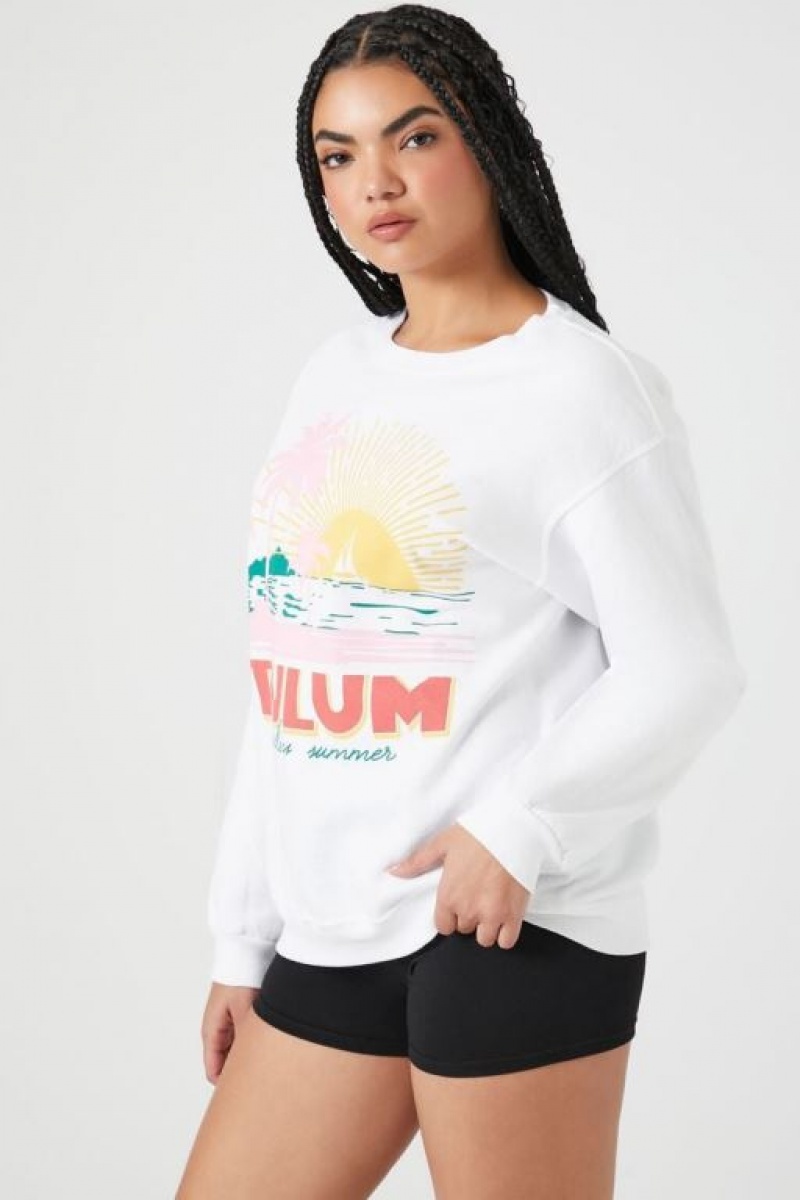 Pullover Forever 21 Fleece Tulum Estampadas Mujer Blancas Multicolor | Q85JRDqSl0M