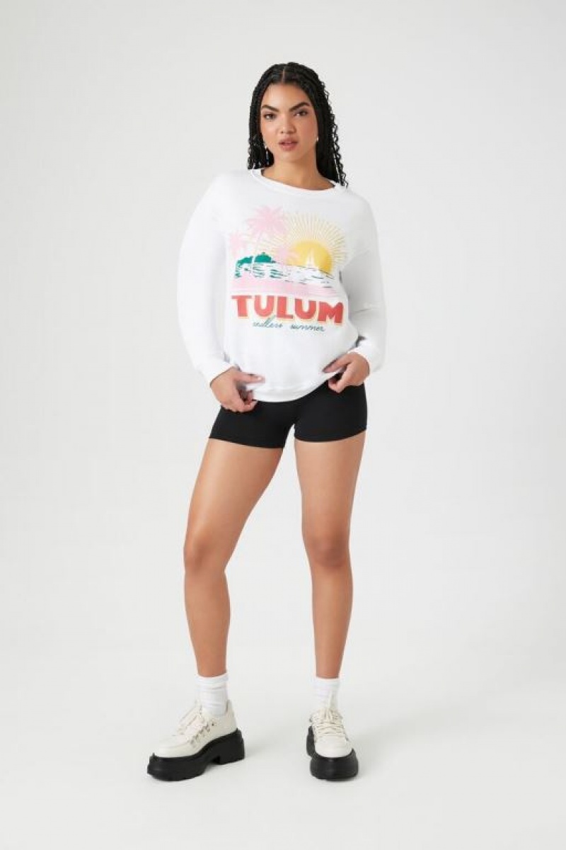 Pullover Forever 21 Fleece Tulum Estampadas Mujer Blancas Multicolor | Q85JRDqSl0M