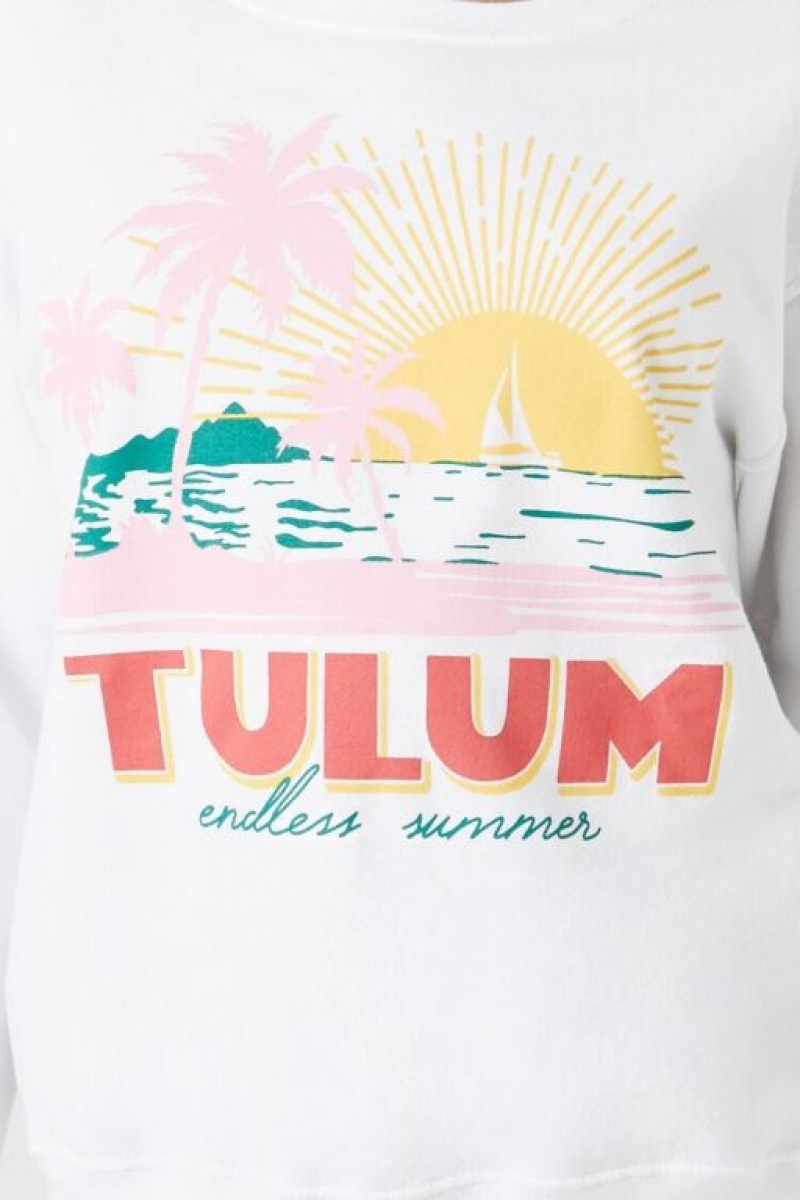 Pullover Forever 21 Fleece Tulum Estampadas Mujer Blancas Multicolor | Q85JRDqSl0M